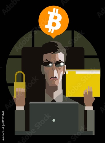 evil ransomware hacker with lock and files data folder asking for cruptocurrency bitcoin money
