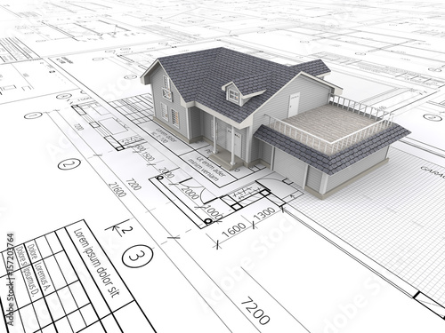House and Blueprints. Top perspective View of a House ontop of large set of Blueprints. 3D render.