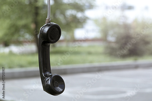 Old phone tube.Vintage and retro. Telephone booth in the Park. photo