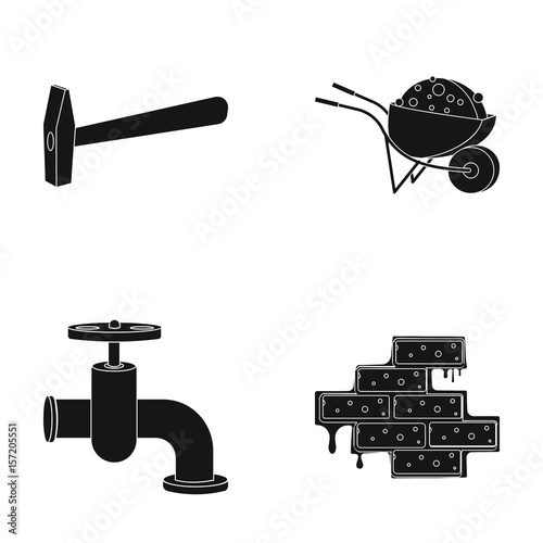 Hammer, wheelbarrow with cargo, water faucet, brickwork. Build and repair set collection icons in black style vector symbol stock illustration web.