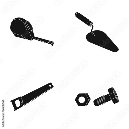 Measuring tape, bolt with nut, trowel, wood hacksaw. Build and repair set collection icons in black style vector symbol stock illustration web.