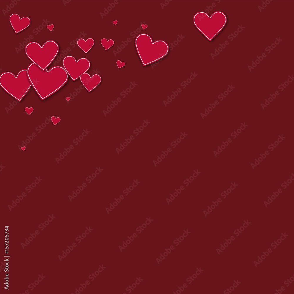 Cutout red paper hearts. Top left corner on wine red background. Vector illustration.