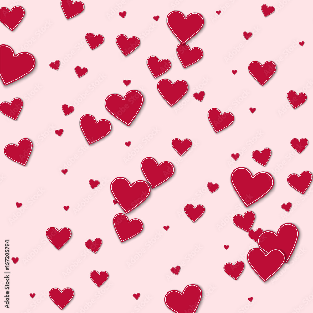 Cutout red paper hearts. Scatter vertical lines on light pink background. Vector illustration.