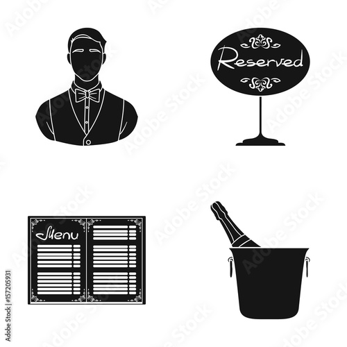 Waiter, reserve sign, menu, champagne in an ice bucket.Restaurant set collection icons in black style vector symbol stock illustration web.