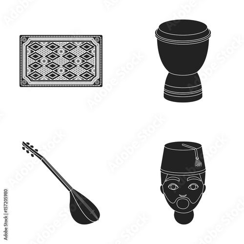 Turkish carpet, saz, drum, turkish men.Turkey set collection icons in black style vector symbol stock illustration web.