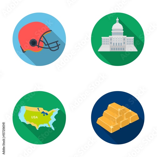 Football player s helmet, capitol, territory map, gold and foreign exchange. USA Acountry set collection icons in flat style vector symbol stock illustration web. photo