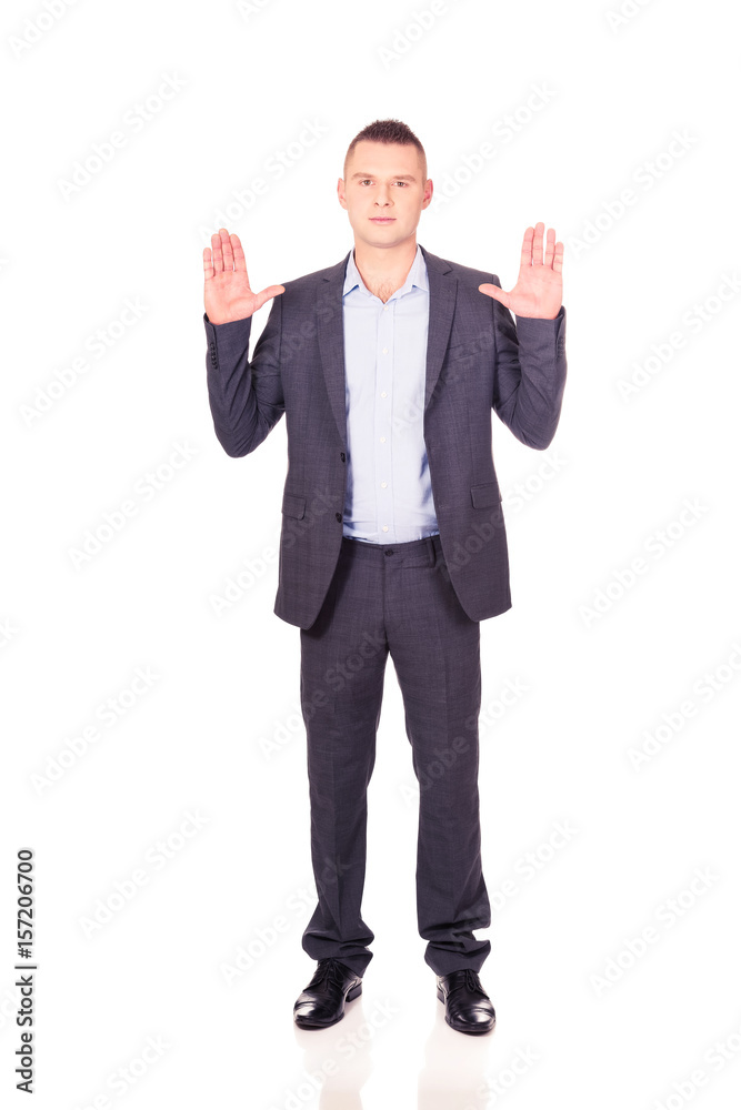 Businessman pressing abstract screen Businessman pressing abstract screen