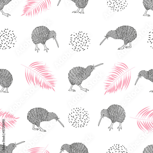 Seamless pattern with watercolor kiwi birds and palm leaves. Vector summer background.