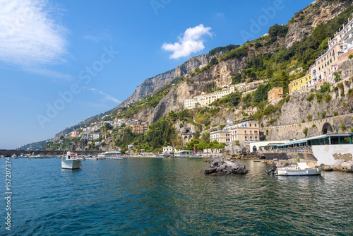 Boats moored at the cliff coast in Amalfi
