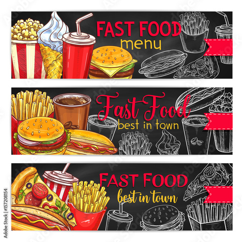 Fast food restaurant menu chalkboard banner set