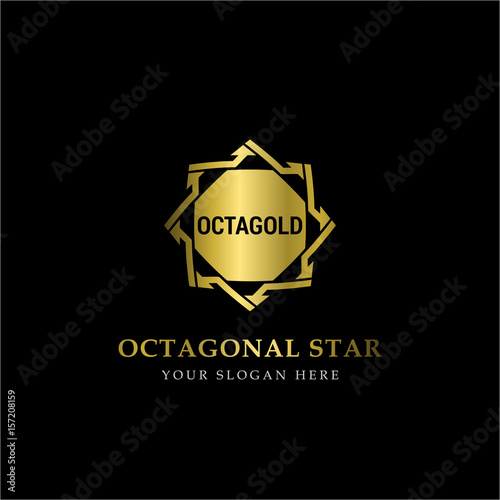 Gold Octagonal Star Logo Vector in elegant Style with Black Background