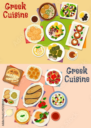 Greek cuisine lunch menu icon set for food design
