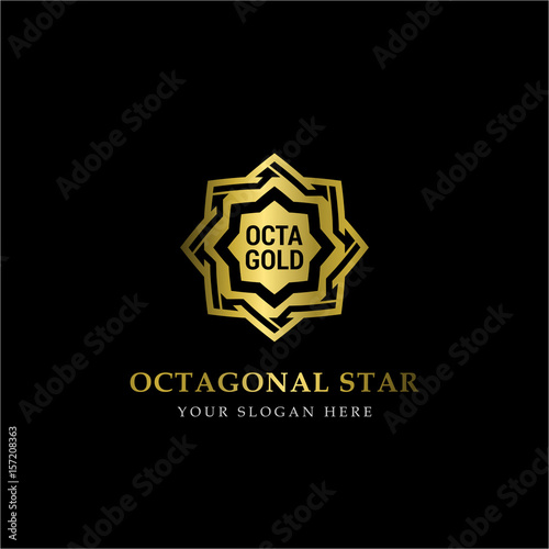 Gold Octagonal Star Logo Vector in elegant Style with Black Background