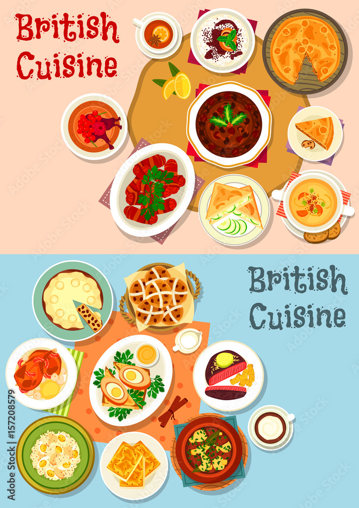 British cuisine popular dishes icon set design British cuisine popular dishes icon set design
