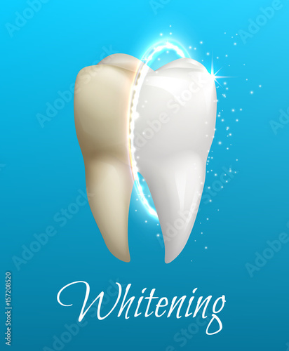 Teeth whitening concept with clean and dirty tooth photo