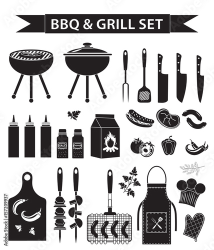Barbecue and grill icons set, black silhouette, outline style. BBQ collection of objects, elements of design, logo. Isolated on white background. Vector illustration