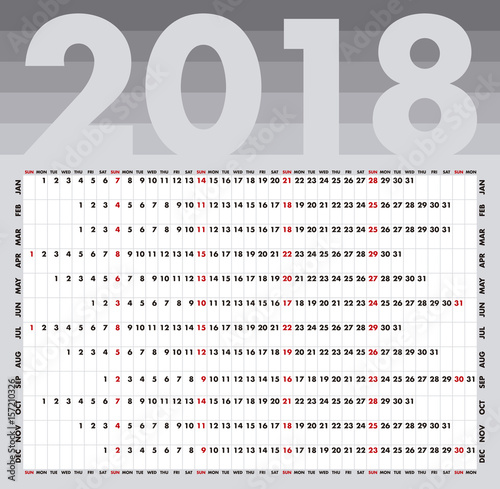Simple Calendar for 2018. Numbers within a grid