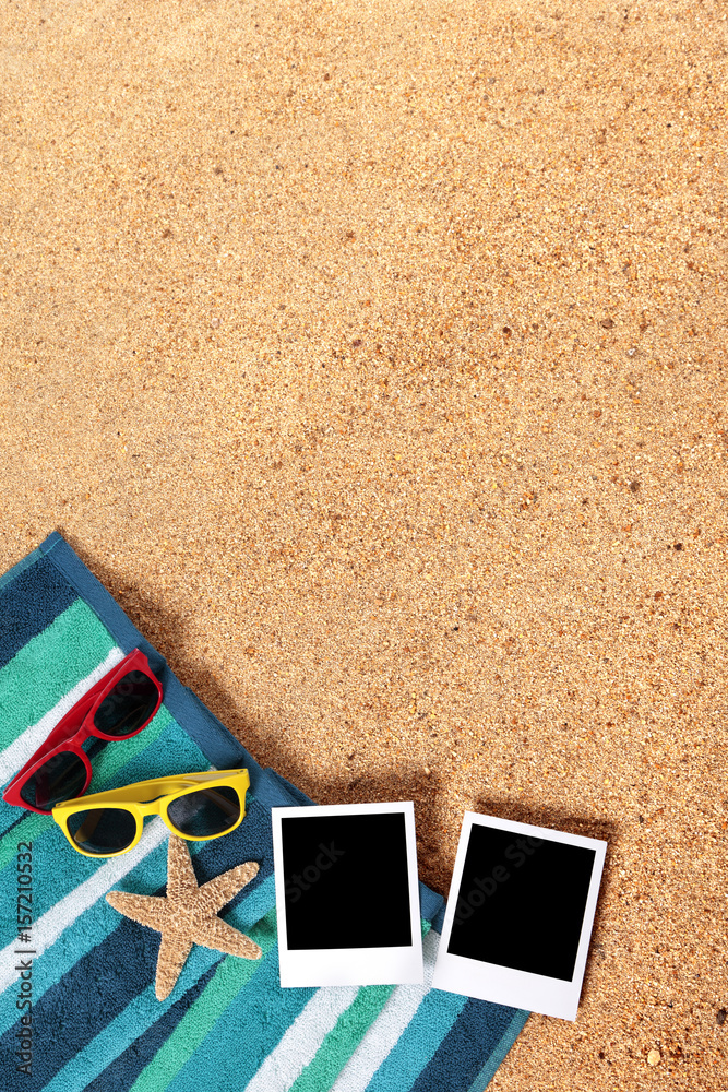 Two polaroid style photo print frame on a summer beach sand background  border with holiday vacation accessories photo Stock Photo | Adobe Stock