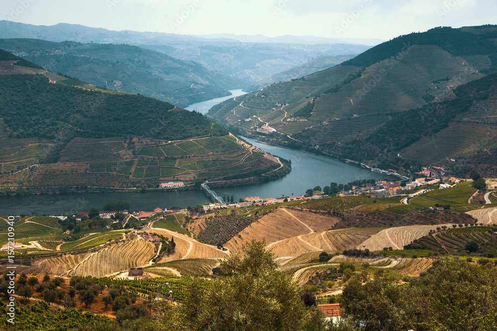 Douro Valley, Portugal. Top view of river, and the vineyards are on a hills.