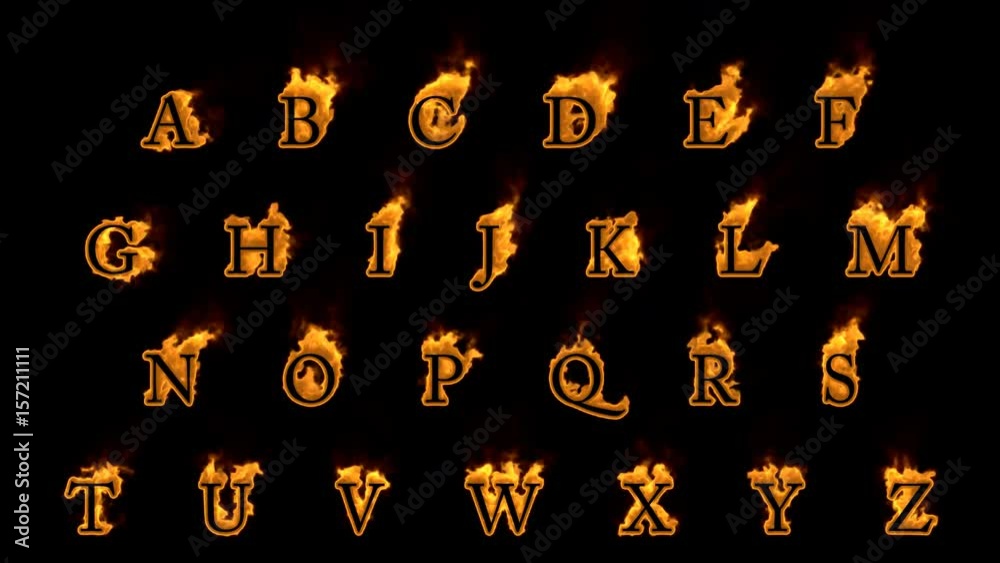 Fire alphabet letters isolated on black background