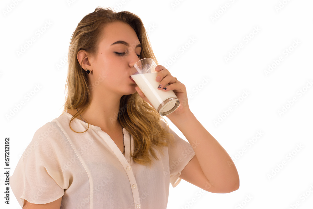 Young pretty girl, glass of milk, white background Young pretty girl, glass of milk, white background