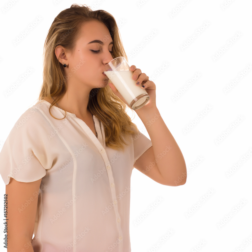 Young pretty girl, glass of milk, white background Young pretty girl, glass of milk, white background