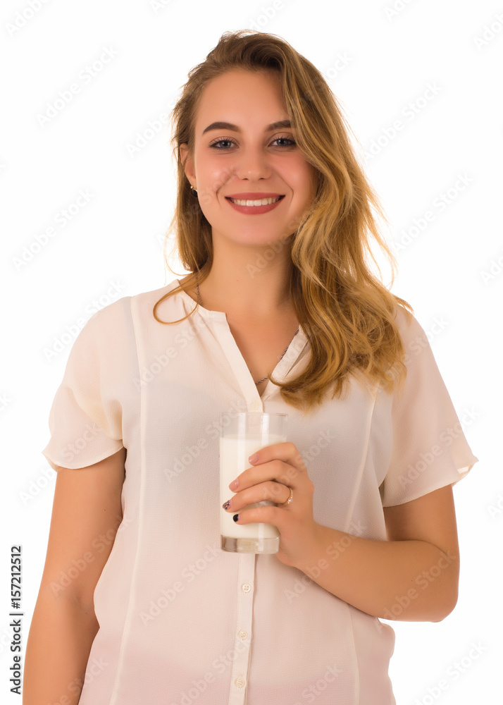 Young pretty girl, glass of milk, white background  