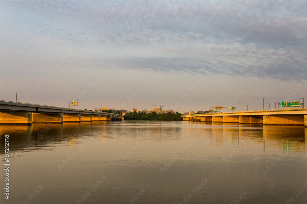 Two bridges part of the 14th St Bridge complex connect DC and Virginia over the Potomac River