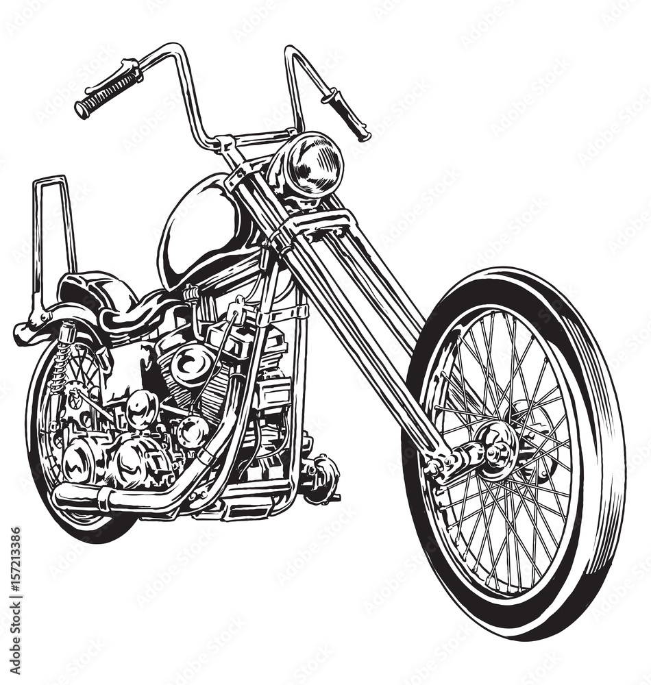 Hand drawn and inked vintage American chopper motorcycle - obrazy, fototapety, plakaty 