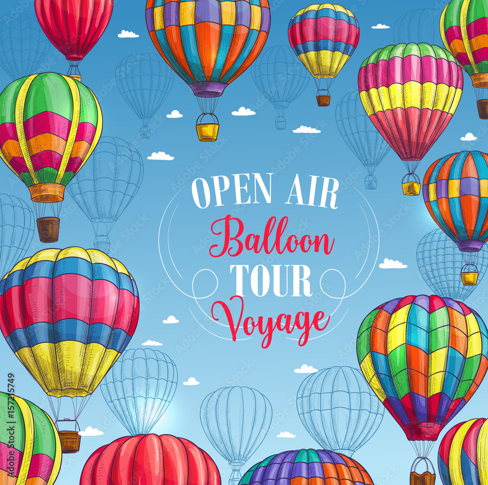 Obraz premium Vector poster for hot air balloon trip tour