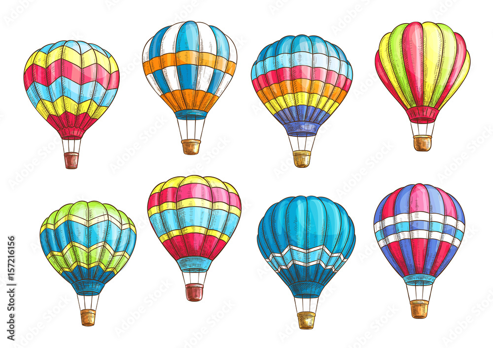 Fototapeta premium Vector sketch icons set hot air balloons pattern