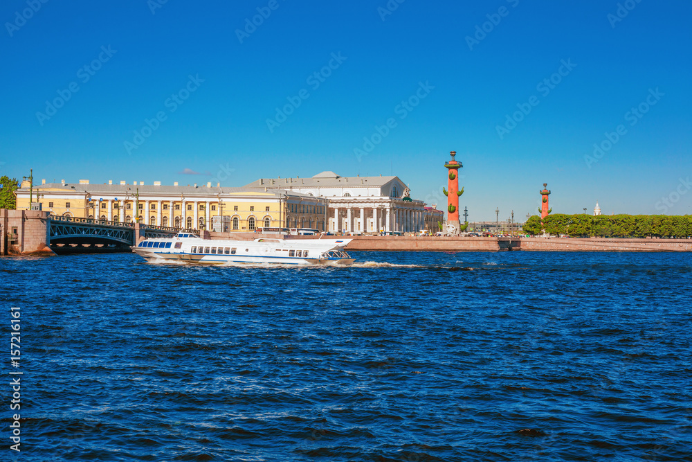 The hydrofoil boat sails along the Neva River in St. Petersburg, Russia