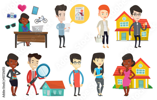 Vector set of real estate agents and house owners.