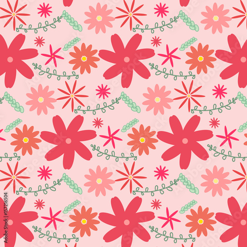 Vector floral pattern in doodle style with flowers and leaves. Gentle  spring floral background.