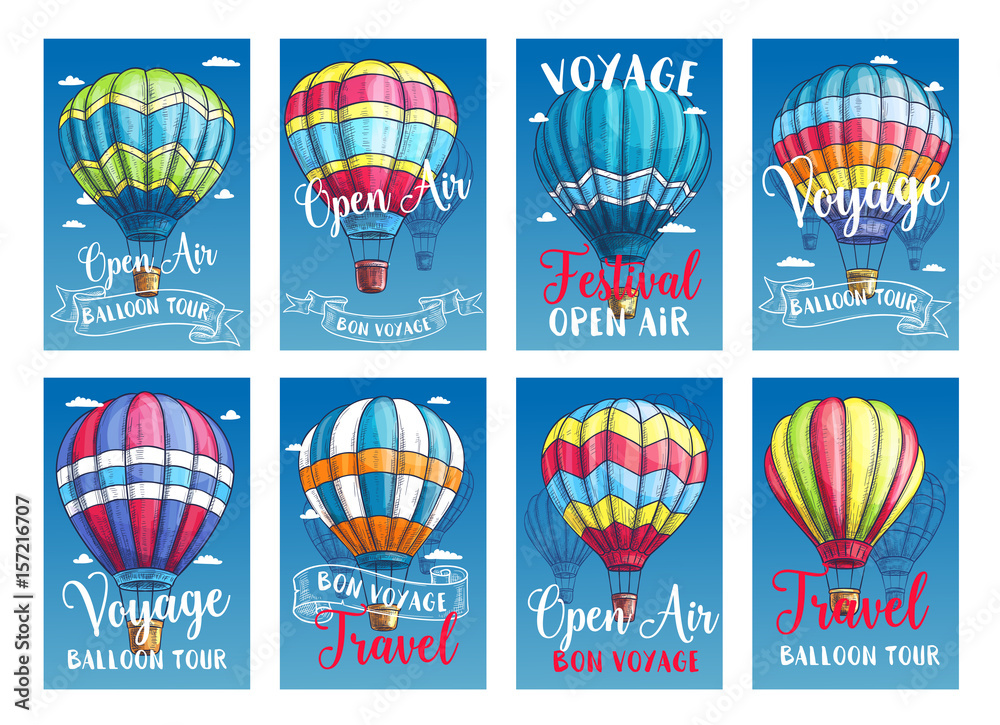 Fototapeta premium Vector posters or cards hot air balloon trip tour