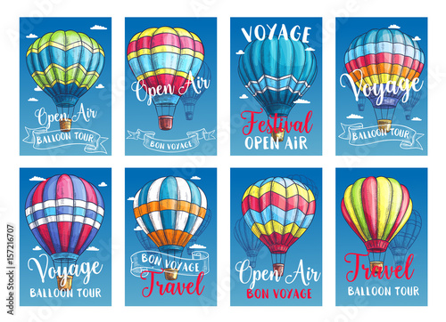 Vector posters or cards hot air balloon trip tour