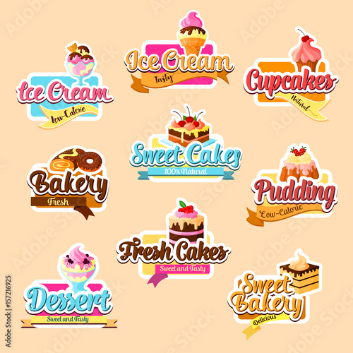 Bakery shop pastry desserts vector stickers set