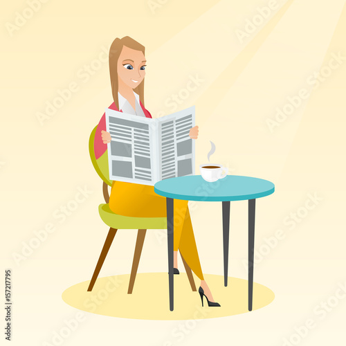 Woman reading a newspaper and drinking coffee.