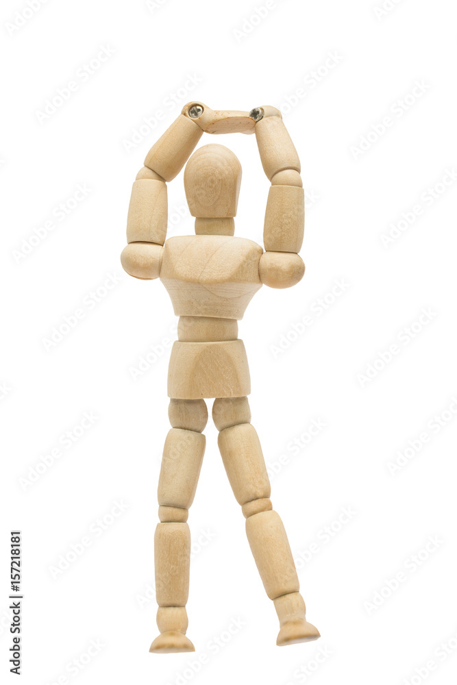 Wood Mannequin Stretch your arms to relax on isolated white background. Wood Mannequin Stretch your arms to relax on isolated white background.
