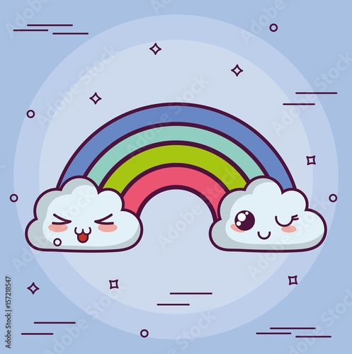 kawaii cloud with a rainbow icon over purple background. colorful design. vector illustration