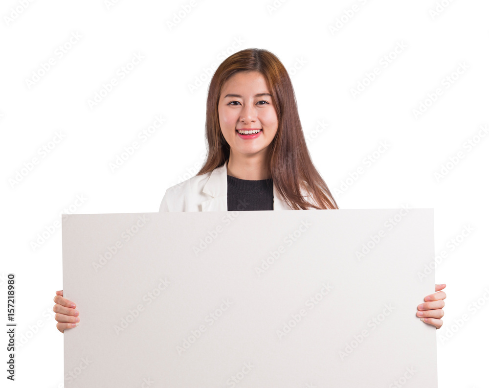 Asian business woman holding white board. Asian business woman holding white board.