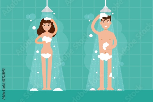 Man and woman shower in bathroom. Vector character illustration in flat style.