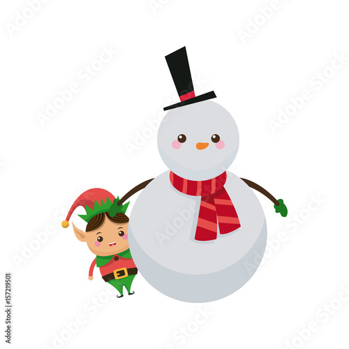 christmas snowman and elf hug character vector illustration
