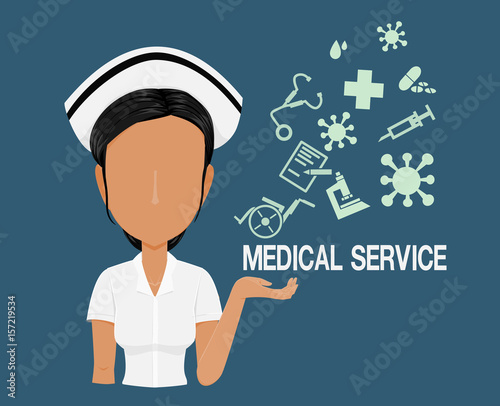 Nurse character with the medical info graphic icons on blue background
