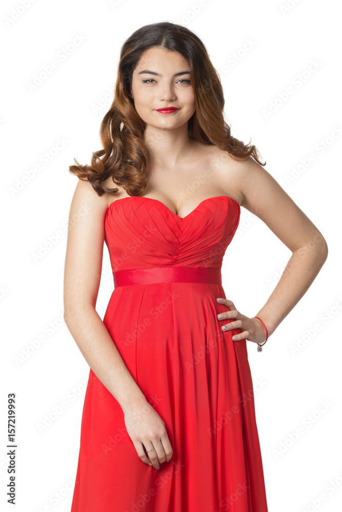 emotional Asian girl in red dress on an isolated background