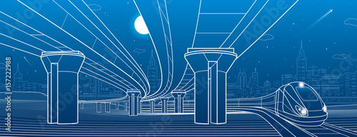 Road overpass. Transportation bridge. Train rides. Urban infrastructure, modern city on background, industrial architecture. White lines illustration, vector design art 