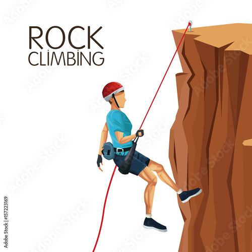 scene man mountain descent with equipment rock climbing vector illustration