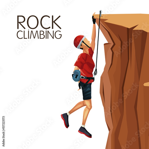 scene man hanging on the cliff anchored to the top rock climbing vector illustration