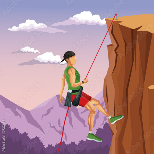 scene landscape man mountain descent rock climbing vector illustration