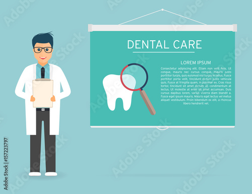 Doctor with medical clipboard in hands. Tooth, magnifier, dental care on projection screen. Doctor on presentation. Handsome young doctor in glasses